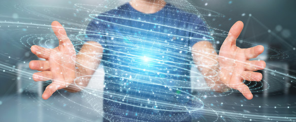 Poster - Businessman using digital sphere connection hologram 3D rendering