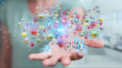 Poster - Businesswoman analyzing bacteria microscopic close-up 3D rendering
