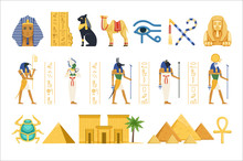 Egypt Set, Egyptian Ancient Symbols Of The Power Of Pharaohs And Gods Colorful Vector Illustrations