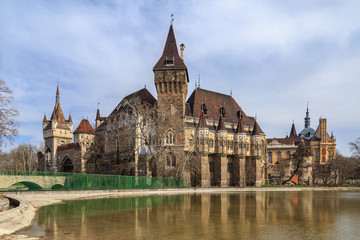 Sunset over Vajdahunyad Castle in the City Park of Budapest, Hungary