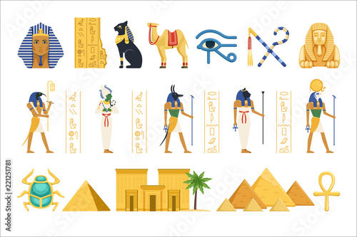 Fotografía Egypt set, Egyptian ancient symbols of the power of pharaohs and gods colorful v