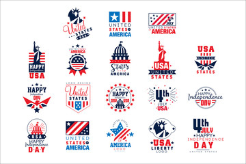 Sticker - United states of America logo templates set, Happy Independence Day badges vector Illustrations