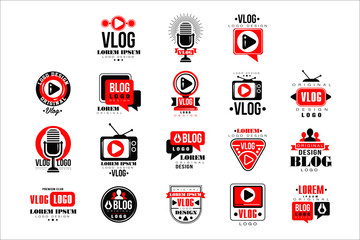 Wall Mural - Vlog and blog original logo design set, video blogging or video channel badges vector Illustrations