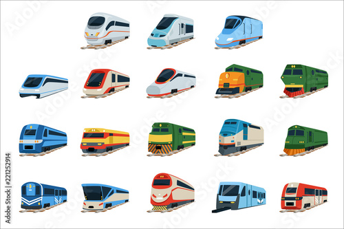 Fotografía Retro and modern trains locomotive set, railway carriage vector Illustrations