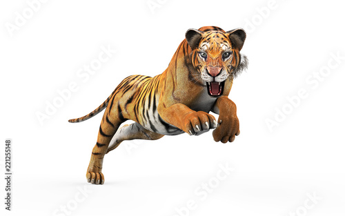 Fotomural Dangerous Bengal Tiger Roaring and Jumping Isolated on White Background, with Clipping Path, 3d Illustration