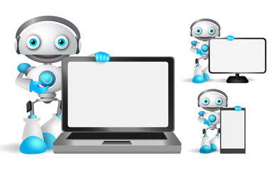 Robot vector characters set holding laptop, mobile phone and other gadget with empty blank white screen for text and technology informations. Vector illustration.
