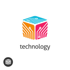 Poster - tech logo vector illustration, red color technology logotype with circuit or electronic board in cub