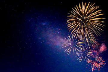 Wall Mural - fireworks with blur milky way background