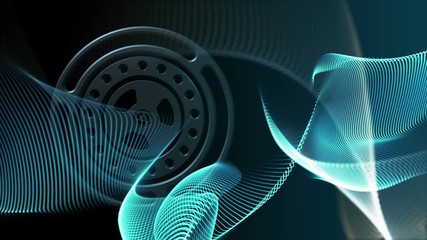 Poster - Seamless loop: Blue motion background with gear wheels rotating and lines waving in smooth organic slow motion. Abstract science, technology and engineering theme. Depth of field. 3D rendering