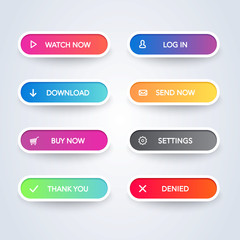 Poster - Set of colorful modern material style buttons on white background. Different flat line gradient colors and icons collection. Vector web elements