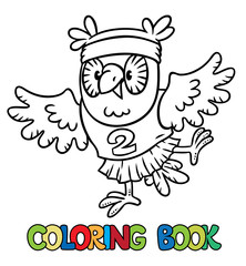 Little funny owl doing exercises. Coloring book