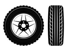 Wheels And Tires Are Black. For A Logo Or Emblem Of A Tire Store Or Car Workshop. For Tire Fitting