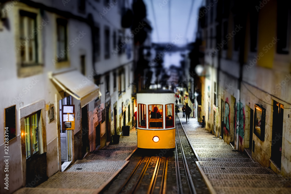 The Bica Funicular, Ascensor da Bica, Traditional yellow tram in Lisbon, Portugal - obrazy, fototapety, plakaty 