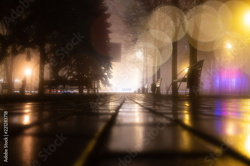 Cuadros en Lienzo Alley of the evening misty park with burning lanterns, trees and benches