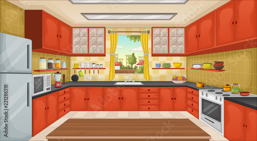 Fotomural Colorful kitchen with utensils. House in the suburb.