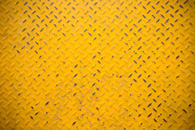 Yellow Grungy Metal Sheet Background And Texture With Dark Vignette. Yellow Steel Floor Panel.
