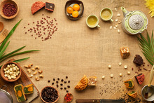 Table With Various Ingredients For Traditional Asian Moon Cakes, View From Above
