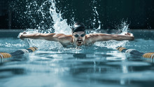 The Dynamic And Fit Swimmer In Cap Breathing Performing The Butterfly Stroke At Pool. The Young Man. The Fitsport, Swimmer, Pool, Healthy, Lifestyle, Competition, Training, Athlete, Energy Concept