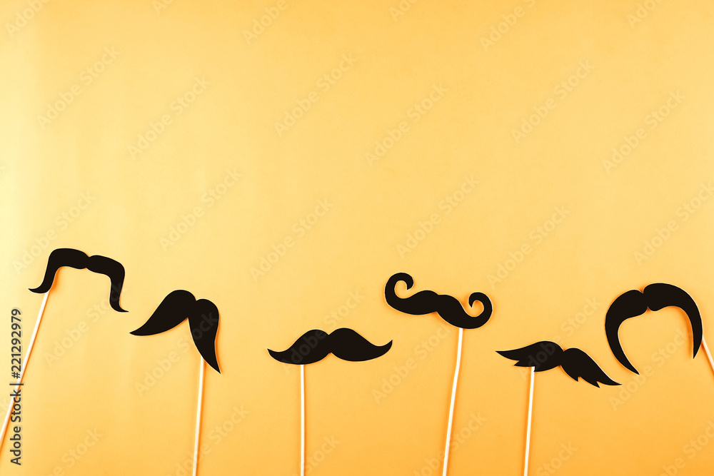 Movember concept. Annual event involving growing of moustache & beard during month in November to raise awareness of men's health issues and prostate cancer. Background, close up, copy space, flat lay - obrazy, fototapety, plakaty 