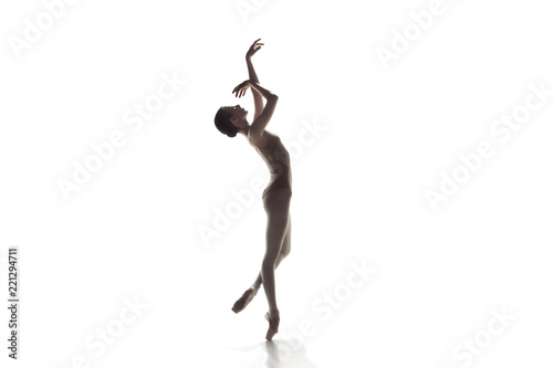 Photographie Young graceful female ballet dancer or classic ballerina dancing isolated on white studio