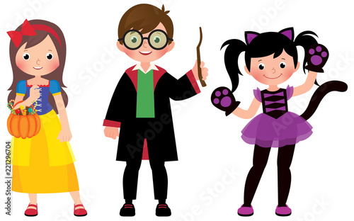 Group of young children in Halloween costumes in full length on a white backgrou Poster Mural XXL