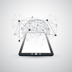 Poster - Digital Network Connections, Mobile Technology Background - Cloud Computing Design Concept with Network Mesh, Globe and Tablet PC, Mobile Device