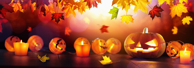 Wall Mural - Autumn Background With Halloween Pumpkins and Leaves