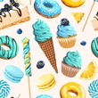 Seamless pattern with blue and yellow sweets
