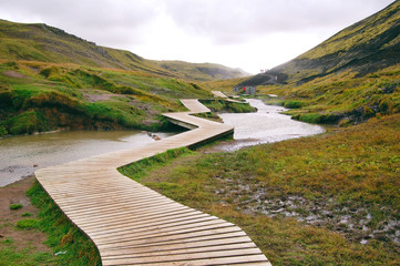 Boardwalk at Reykjadalur valley in Iceland