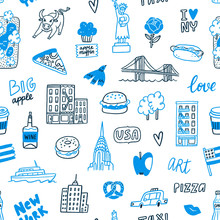 New York Blue Doodle Seamless Pattern