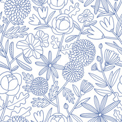 Wall Mural - I have a lot of flowers, blue outline floral seamless pattern illustration, summer or spring garden