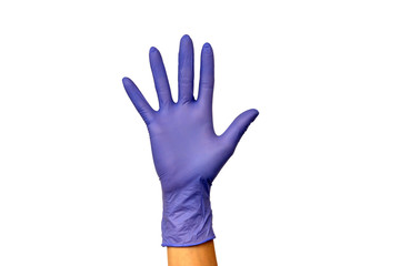 woman's hand in a rubber glove. Isolate on white background. The concept of the work of a cook in a restaurant