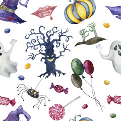 Seamless pattern with halloween characters on white background.