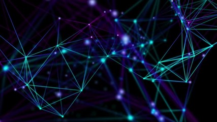 Poster - Color plexus fantasy lines, dots and particles in organic motion with colored spotlights moving. Abstract technology, science and engineering motion background. Depth of field settings. 3D rendering.