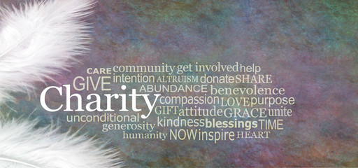 Wall Mural - Angelic CHARITY Word Cloud Banner  - two white feathers with a CHARITY word cloud between against a dark stone effect multicoloured rustic grunge background
