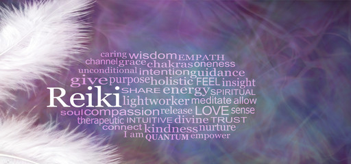 Canvas Print - angelic reiki word cloud rustic banner - two white feathers with a reiki word cloud between against 