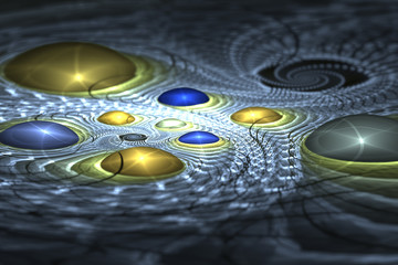 Poster - Abstrct Digital Artwork. Macro of the fantastic world. Drops of plasma on metal surface with ornament. Digital Art. Technologies of fractal graphics.