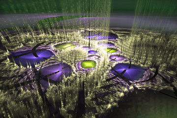Poster - Abstrct Digital Artwork. The theme of the cosmos and the universe. Fantastic planet with lakes and fountains of plasma. Technologies of fractal graphics.