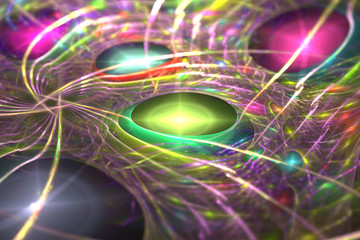 Poster - Abstrct Digital Artwork. Macro of the fantastic world. Drops of plasma on the surface of glass and vegetation. Cosmic ornament. Digital Art. Technologies of fractal graphics.