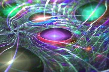 Poster - Abstrct Digital Artwork. Macro of the fantastic world. Drops of plasma on the surface of glass and vegetation. Cosmic ornament. Digital Art. Technologies of fractal graphics.