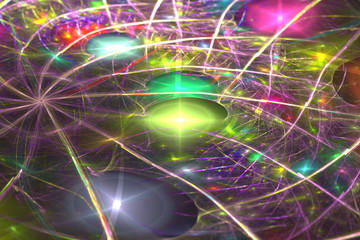 Poster - Abstrct Digital Artwork. Macro of the fantastic world. Drops of plasma on the surface of glass and vegetation. Cosmic ornament. Digital Art. Technologies of fractal graphics.