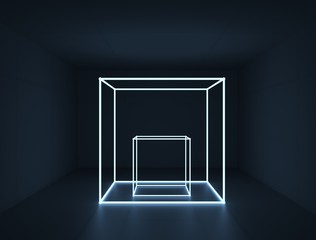 Poster - 3d rendering. Futuristic tunnel with bright neon light. Artificial intelligence and virtual reality. Abstract background with reflection