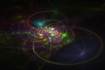 Poster - Abstrct Digital Artwork. The theme of the cosmos and the universe. A distant galaxy against the background of dark space. Technologies of fractal graphics.
