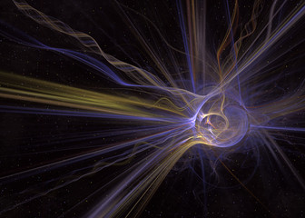 Poster - Abstrct Digital Artwork. The theme of the cosmos and the universe. A flying comet with tails against the background of starry space. Technologies of fractal graphics.
