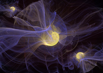 Poster - Abstrct Digital Artwork. The theme of the cosmos and the universe. The origin of life in interstellar space against the background of dark space. Three stars. Technologies of fractal graphics.