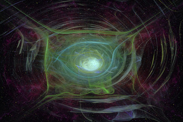 Poster - Abstrct Digital Artwork. The theme of the cosmos and the universe. The origin of life in interstellar space against the background of starry space. Technologies of fractal graphics.