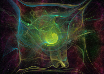 Poster - Abstrct Digital Artwork. The theme of the cosmos and the universe. The origin of life in interstellar space against the background of starry space. Technologies of fractal graphics.
