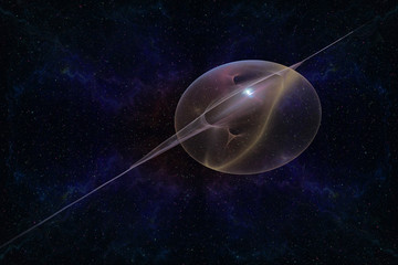 Poster - Abstrct Digital Artwork. The theme of the cosmos and the universe. Abstract space object in interstellar space against the background of starry space. Technologies of fractal graphics.