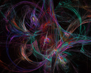 Poster - Abstrct Digital Artwork. The theme of the cosmos and the universe. Beautiful fantastic nebula with plasma filaments on a dark background of space. Technologies of fractal graphics.