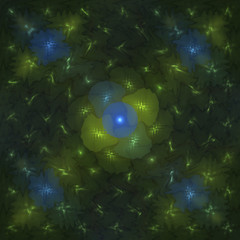 Poster - Abstrct Background. Glowing balloons under the water, Symmetrical pattern. Light and motion theme. Digital Art. Technologies of fractal graphics.